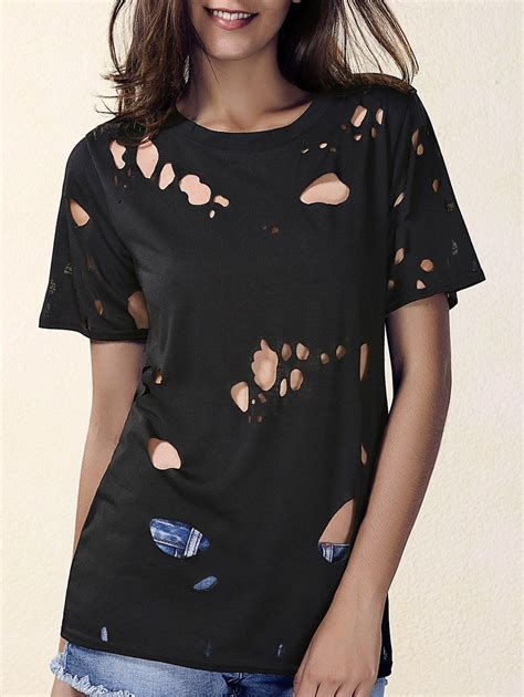 [43% OFF] Round Neck Short Sleeve Ripped T-Shirt | Rosegal