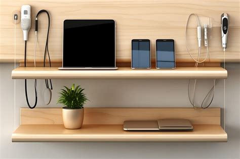 Premium Photo Office Shelf With Tech Gadgets And Charging Cable