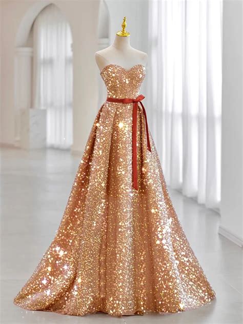 A Line Sweetheart Neck Velvet Sequin Champagne Gold Long Prom Dress On