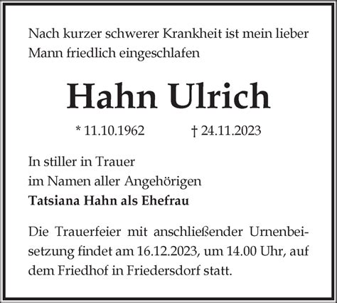 Traueranzeigen Von Ulrich Hahn M Rkische Onlinezeitung Trauerportal