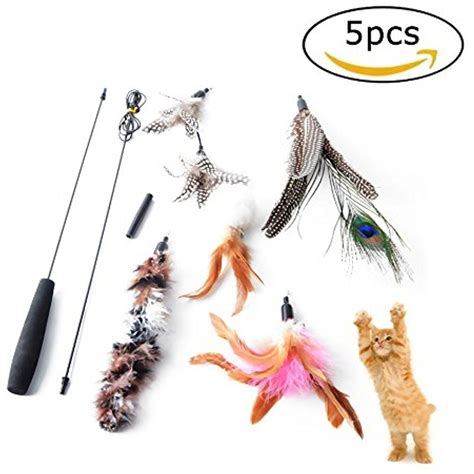 Cat Feather Teaser Toys Interactive 5pcs Feathersretractable Wand For Cat And Kitten Excerciser