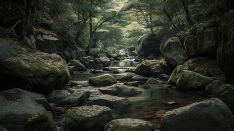 Sungai Melalui Bebatuan Yang Tertutup Lumut Pemandangan Aliran Batu