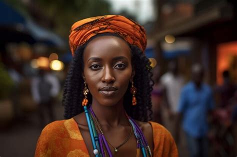 Premium AI Image A Woman Wearing A Colorful Headdress Stands In Front