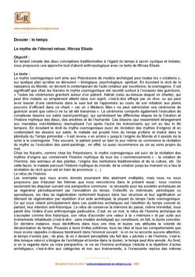 Mircea Eliade Le Mythe De L Ternel Retour Enseignement Et