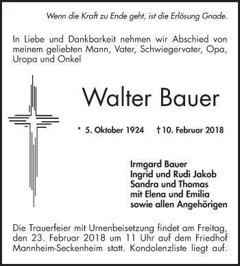 Traueranzeigen Von Walter Bauer Trauerportal Ihrer Tageszeitung