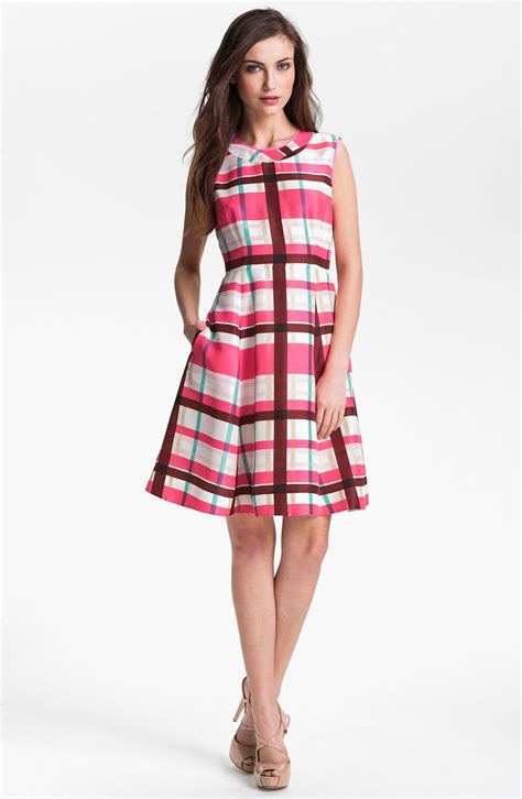 Kate Spade Felix Silk Fit Flare Dress In White Russet Combo Munari Plaid Lyst Fit Flare