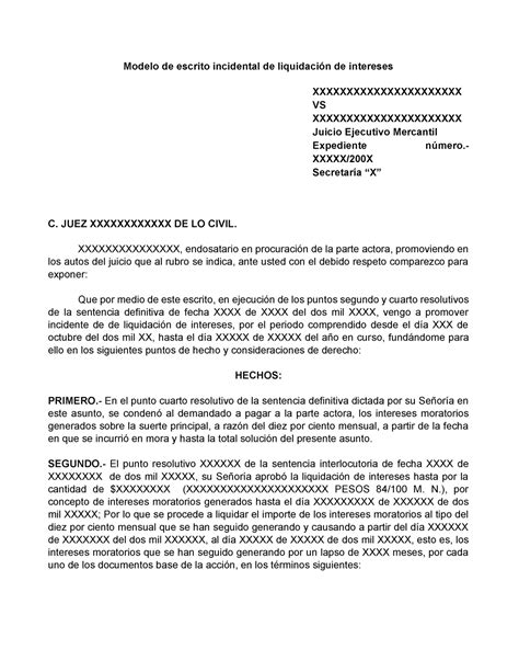 Modelo De Escrito Incidental De Liquidaci N De Intereses Modelo De