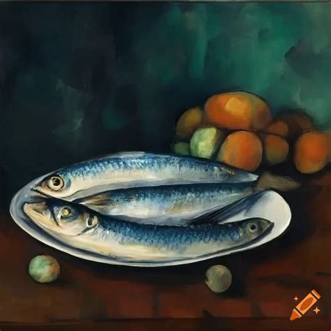 Still Life Painting Of A Sardine Fish On A Plate In The Style Of Paul