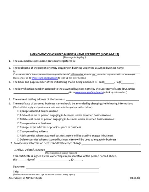 North Carolina Amendment Of Assumed Business Name Certificate Fill