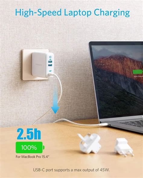 Anker Powerport Iii Charger With 3 Plugs 65w 3 Ports 2 Usb A And 1 Usb C White A2033h21