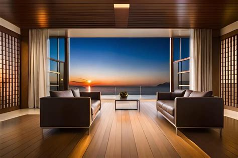 Premium AI Image | Living room with a view of the ocean and a balcony ...