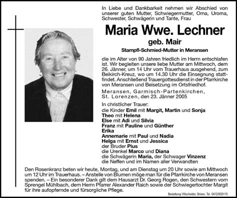 Traueranzeigen Von Maria Lechner Trauer Bz