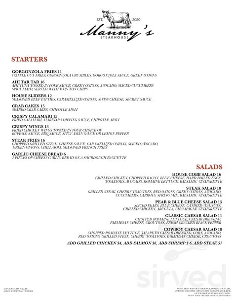 Mannys Steakhouse Vallejo Menu In Vallejo California Usa