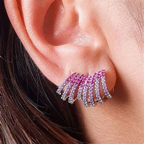 Brinco Ear Cuff 8 Argolas Cristais Coloridos Semijoia Rodio Cor Prata