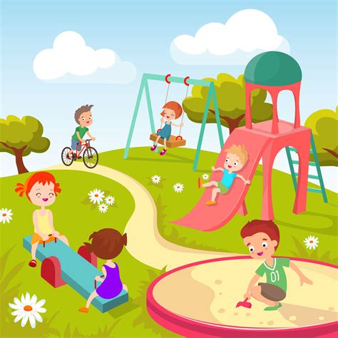 Cute children at playground. Happy children playing in summer park vec ...