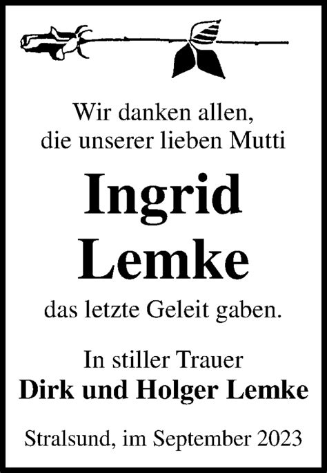 Traueranzeigen Von Ingrid Lemke Trauer Anzeigen De