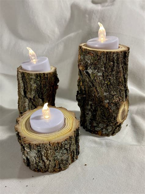 Set Of Rustic Wood Tea Light Holders With Led Tea Light Included