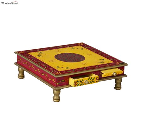 Buy Mdf And Sheesham Wood Pooja Chowki With Drawer Yellow Online In