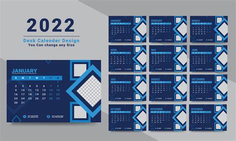 Desk Calendar Design 2022 Template Set Of 12 Months Week Starts Sunday