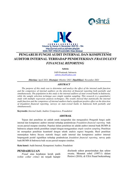 PDF PENGARUH FUNGSI AUDIT INTERNAL DAN KOMPETENSI AUDITOR INTERNAL