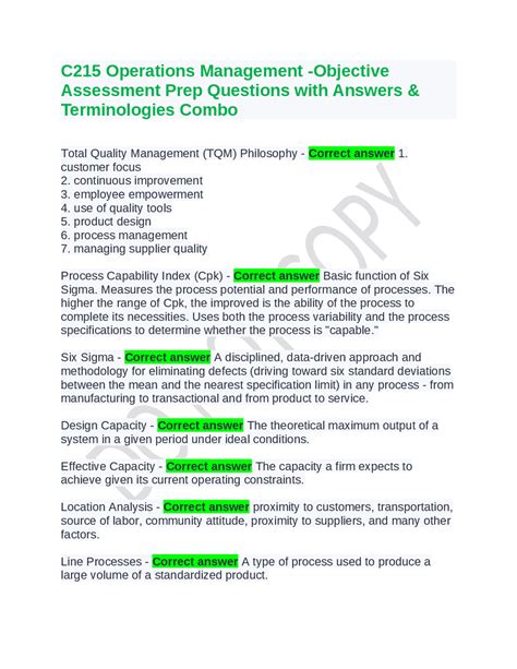 C Operations Management Objective Assessment Prep Questions With