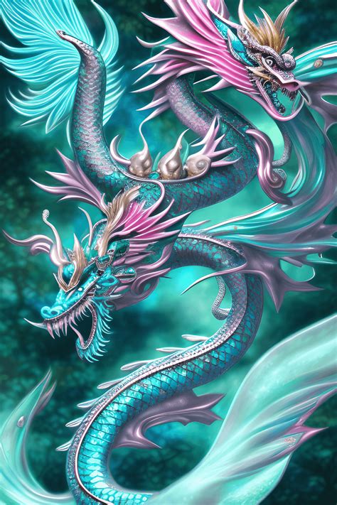 Intricately Rendered Anime Japanese Dragon in Metallic Blue and Green · Creative Fabrica