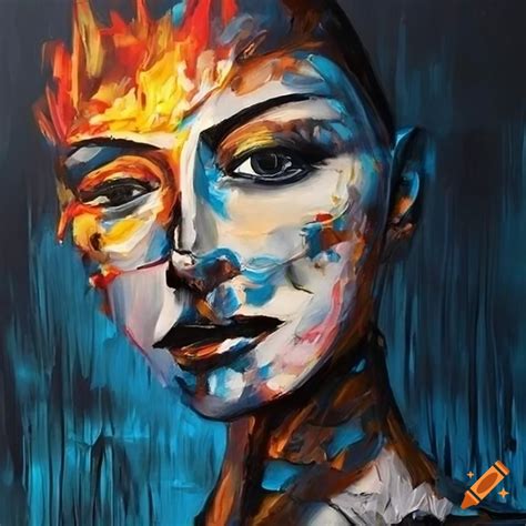 Abstract Knife Painting Of Geometric Face With Fire And Water Elements