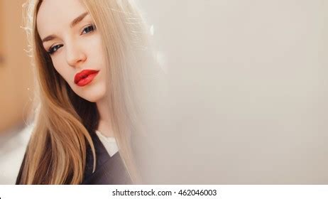 Closeup Portrait Beautiful Blonde Red Lips Stock Photo Edit Now