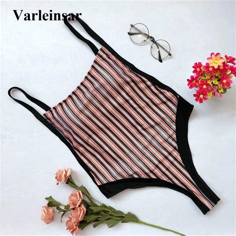 Striped High Cut Leg Thong One Piece Swimsuit Women Swimwear Female Backless Bather High Waist