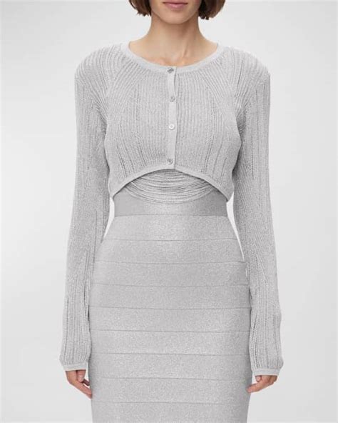 Herve Leger Metallic Pointelle Knit Crop Cardigan Neiman Marcus