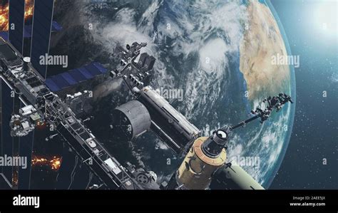 Primer Plano De La ISS Orbitando El Globo Terrestre Realista La