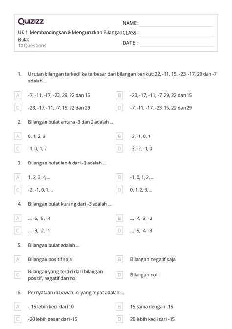 50 Lembar Kerja Membandingkan Bilangan 11 20 Untuk Kelas 7 Di Quizizz