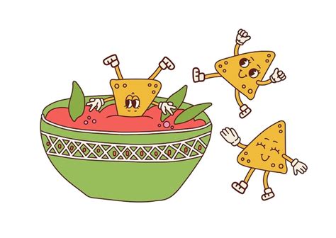 Premium Vector Nachos Retro Cartoon Characters Having Fun Nacho Dip