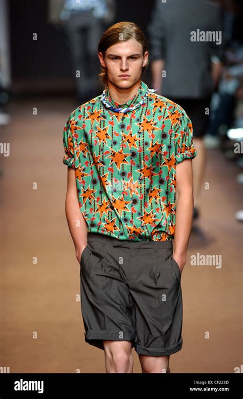 Miu Miu Milan Menswear S S Male Wearing Green And Orange Patterned