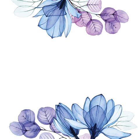 Watercolor Border Frame With Transparent Blue Magnolia Flowers