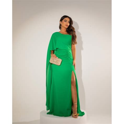 VESTIDO VERDE ESMERALDA SEMI SEREIA MANGA CAPA LONGA OMBRO SÓ