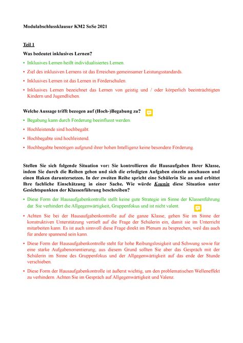 Modulabschlussklausur KM2 So Se 2021 Ziel Des Inklusiven Lernens Ist