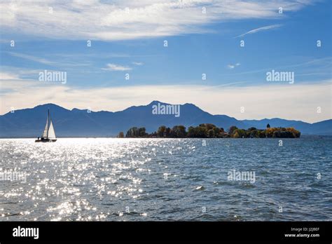 Sailboat View Over Chiemsee To Fraueninsel Near Gstadt Chiemsee