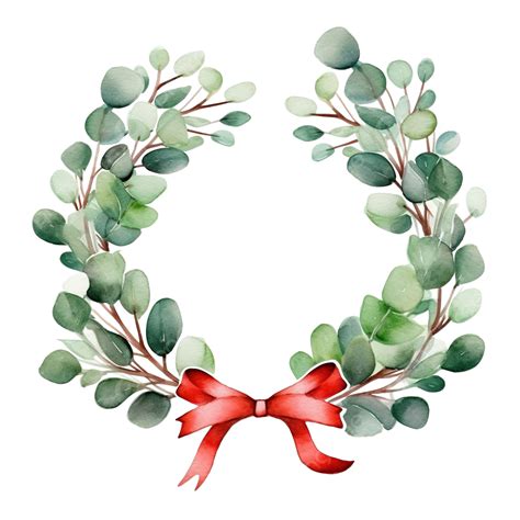 Watercolor Green Eucalyptus Branches Wreath With Red Bow Illustration