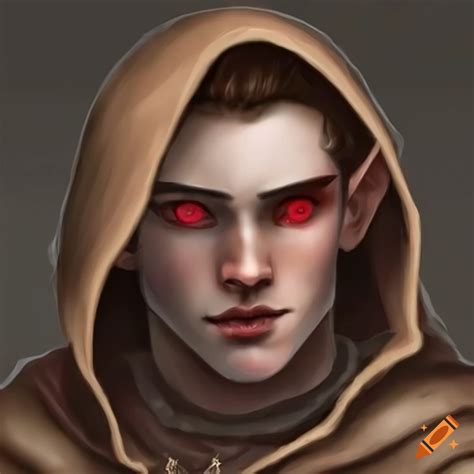 Photo Of A Male Elf With Red Eyes In A Brown Hooded Cloak On Craiyon