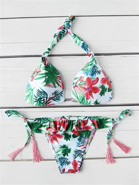 Tropical Print Frill Trim Tassel Tie Bikini Set Shein Sheinside