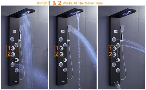 Rovate In Led Black Shower Panel Tower System Multi Function Black