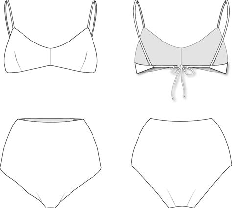 Highwaist Bikini Fashion Flat Sketch Swimwear Vector CAD Technical Drawings Instant Digital File