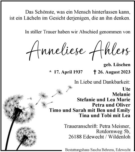 Traueranzeigen Von Anneliese Ahlers Nordwest Trauer De