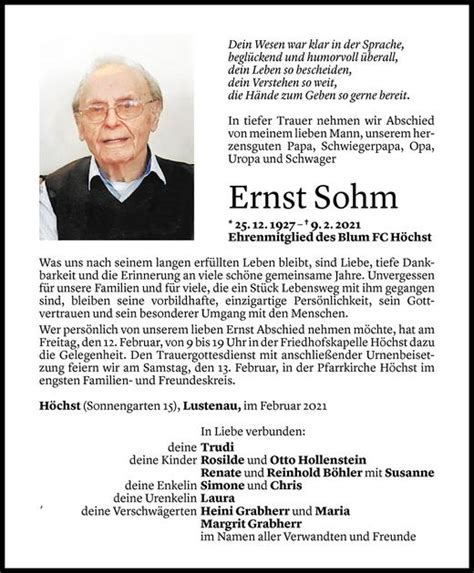 Todesanzeigen Von Ernst Sohm Todesanzeigen Vorarlberger Nachrichten