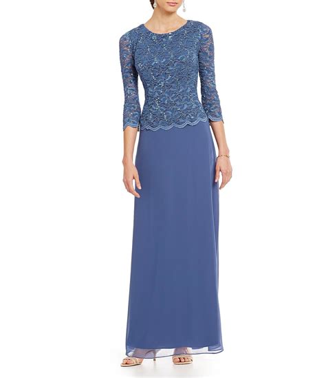 Alex Evenings Sequined Lace Bodice 34 Sleeve A Line Chiffon Gown