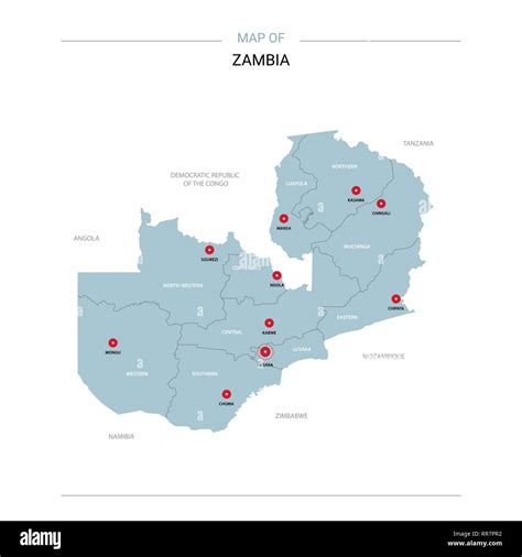 Zambia Vector Map Editable Template With Regions Cities Red Pins And