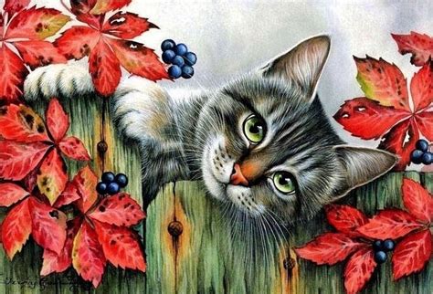 Solve Fall Art Cat And Leaves Resize To Pieces Jigsaw Puzzle