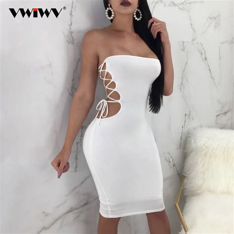 Vwiwv 2018 New Arrival Summer Dresses Solid Sexy Club Dress Side Hollow Out Sleeveless Slim