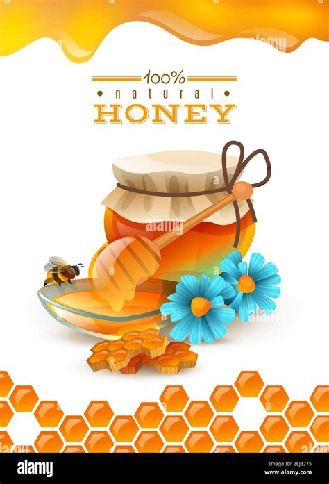 Natural Honey Ad Poster With Bee Honeycombs Flowers Saucer And Jar